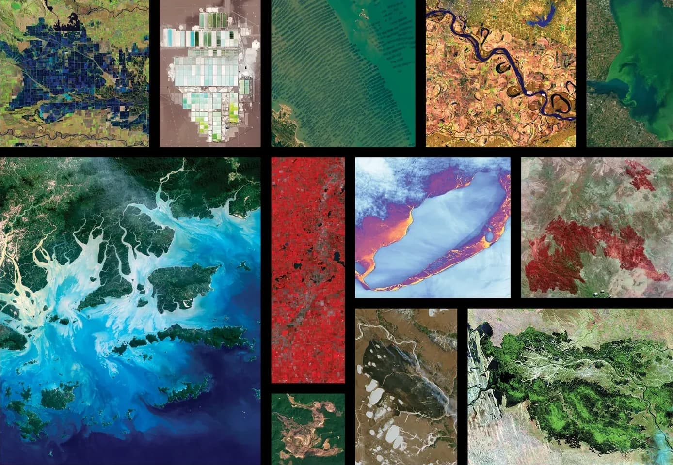 A mosaic of Landsat satellite images: river deltas, farm fields, wetlands, salt ponds, a frozen lake and a burn scar seen from orbit