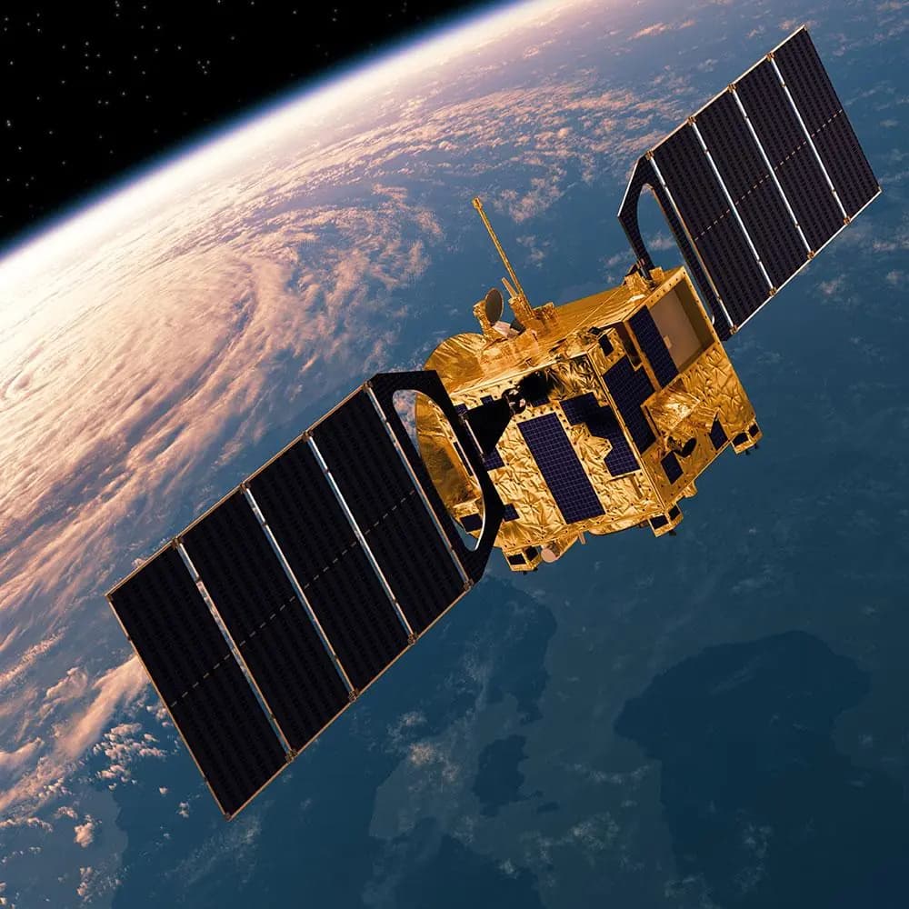 An Earth observation satellite with extended solar arrays in orbit above clouds