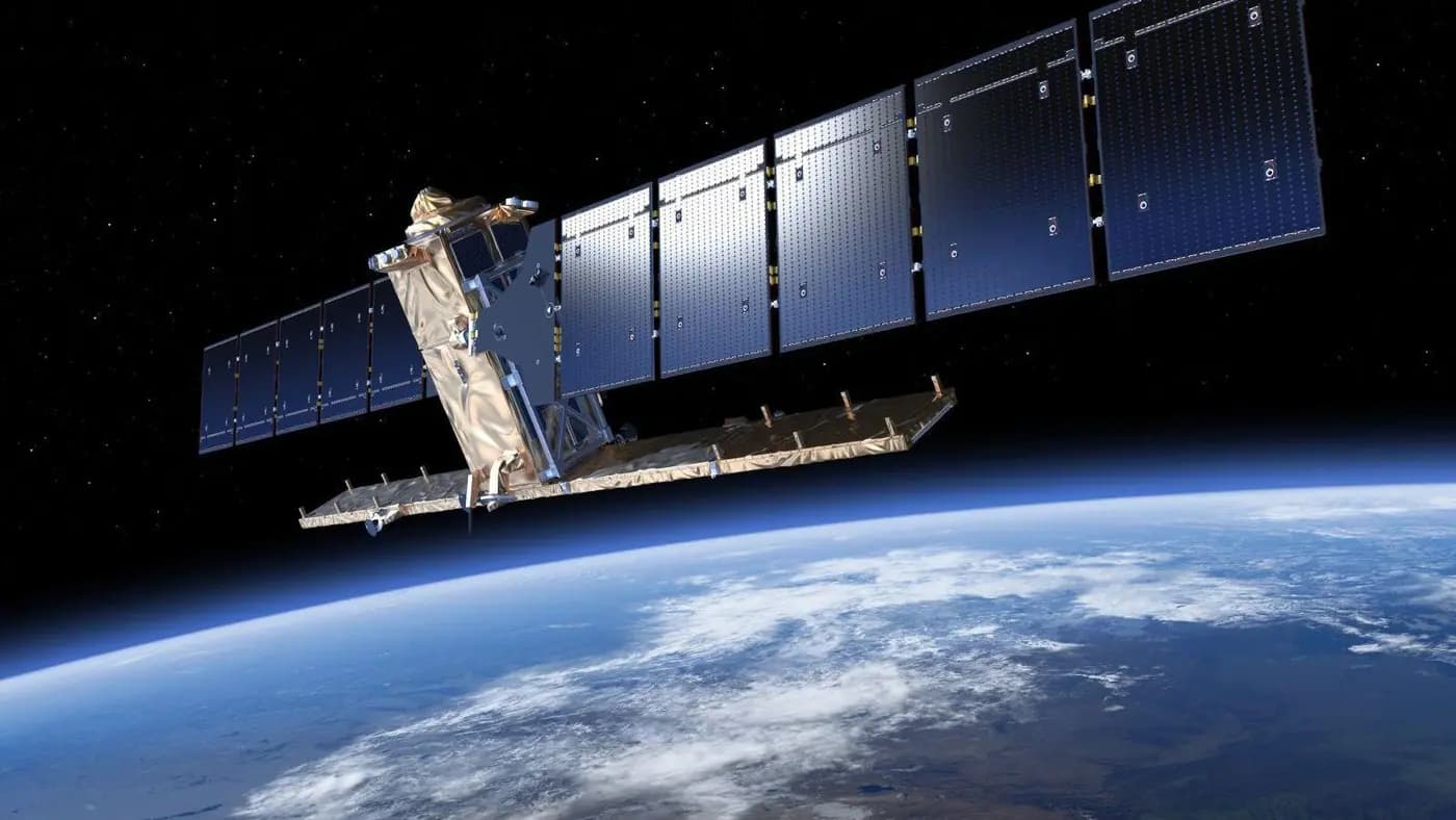 A radar imaging satellite orbiting above Earth's cloud-covered surface